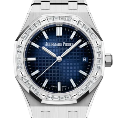 Audemars Piguet Royal Oak White Gold Diamond Set Bezel Blue Diamond Baguette Dial Watch 15551BC.ZZ.1356BC.01